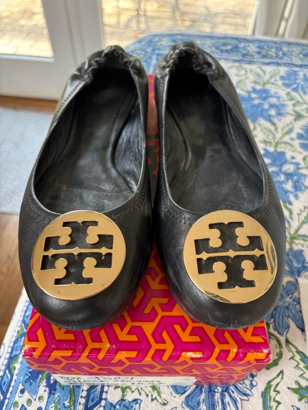 Tory Burch Black Leather Logo Round-Toe Ballet Flats